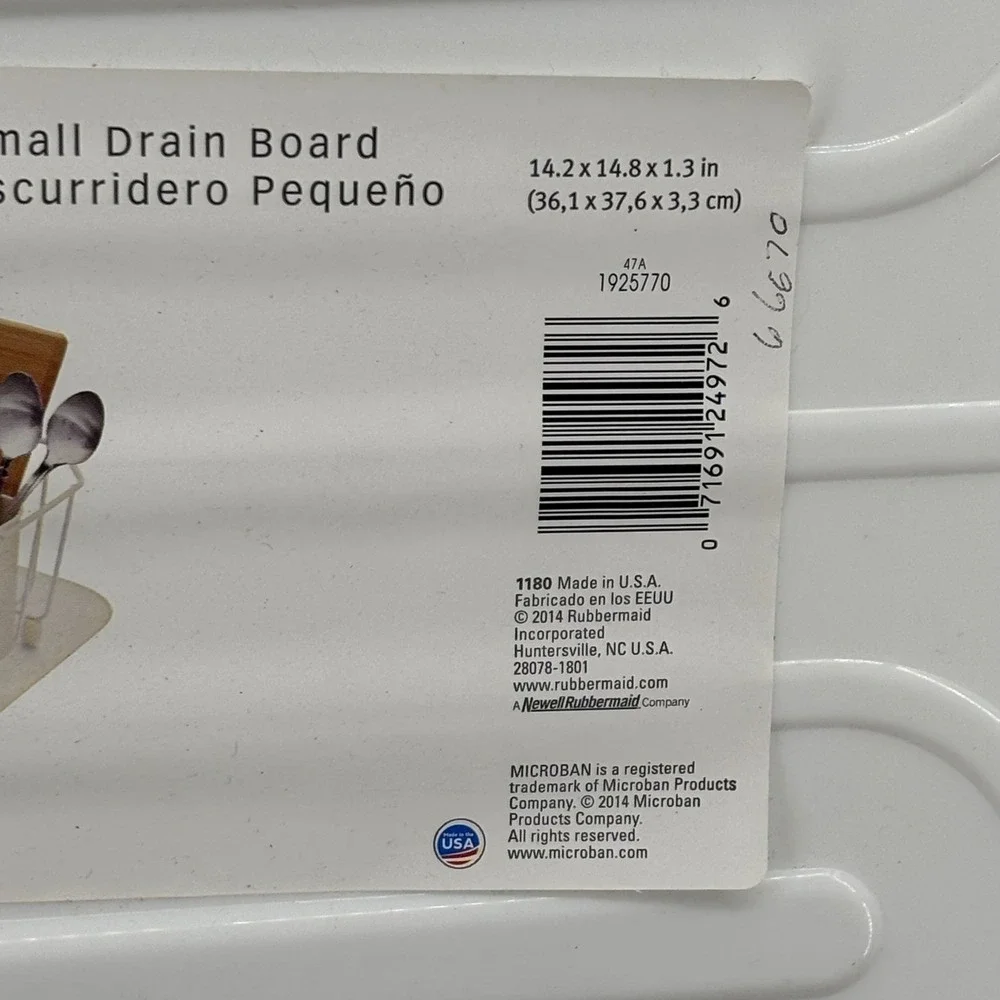 Rubbermaid Small Drain Board White Microban Antimicrobial 1925770 Made in USA